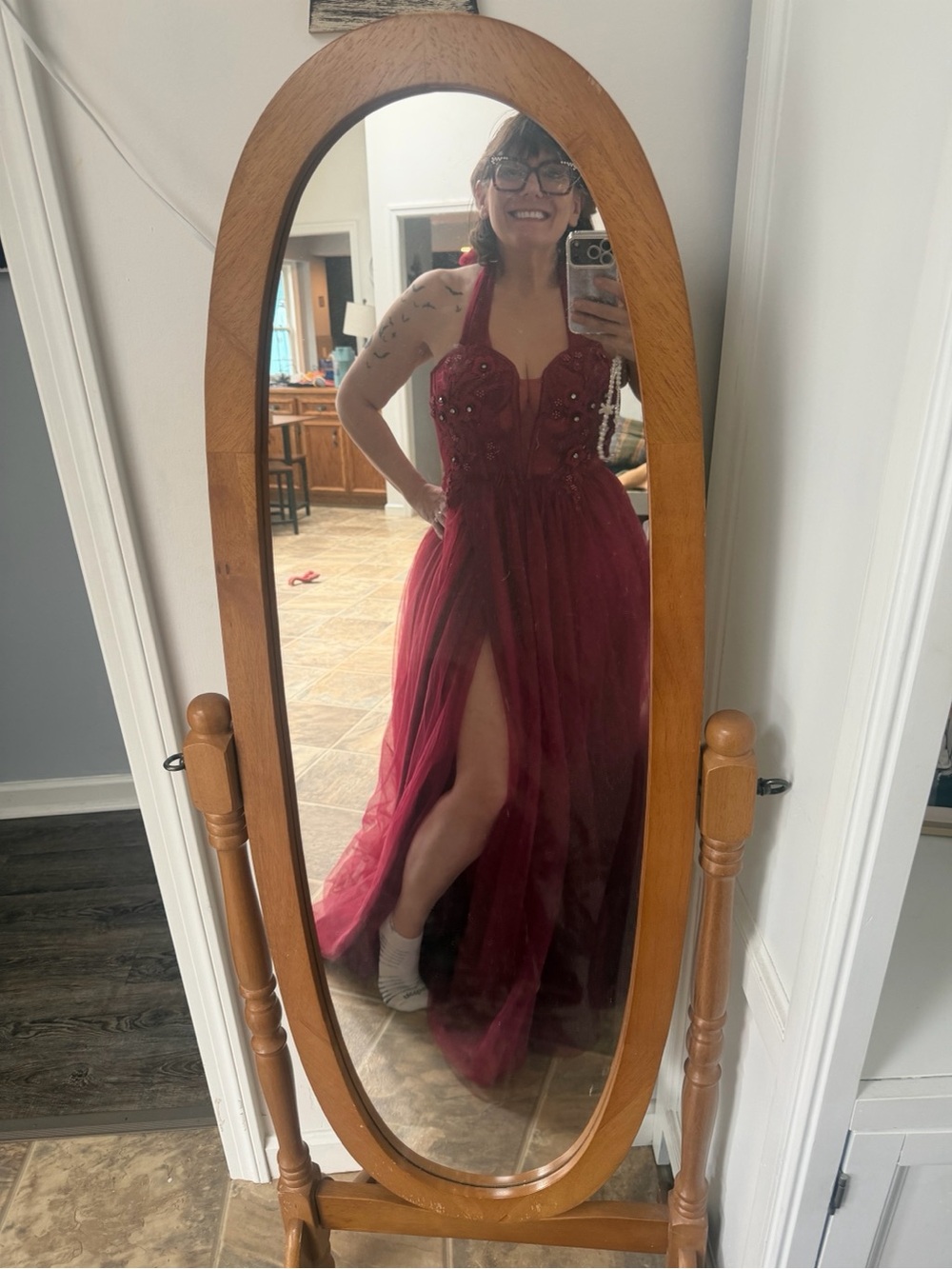 Faeresty Fairycore Burgundy Tulle Formal GownDress Lace Beaded High Slit Maxi